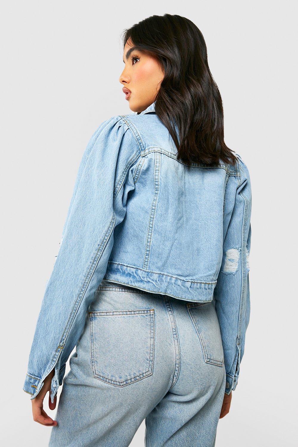 Distressed puff store shoulder denim jacket